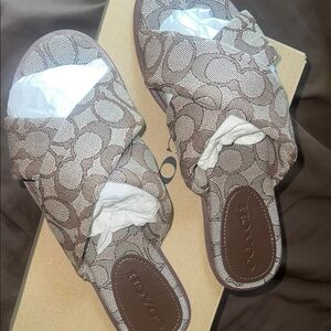 Coach Brown Signature Canvas Crisscross Slide Sandals